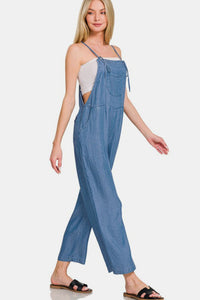 Zenana Washed Adjustable Strap Wide Leg Denim Overalls